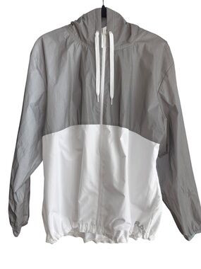 FILA Sport Windbreaker Jacket Gray White Lightweight Hooded Zip Up Size XL